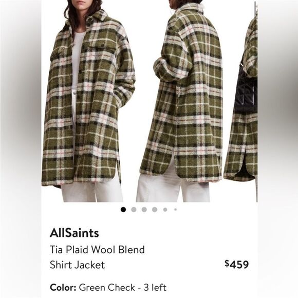 AllSaints Tia Wool Coat Green Check Plaid Shirt Jacket - Picture 2 of 15
